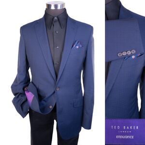 Ted Baker London Endurance Blazer Men's Size 40L Check Blue Wool Jacket Coat